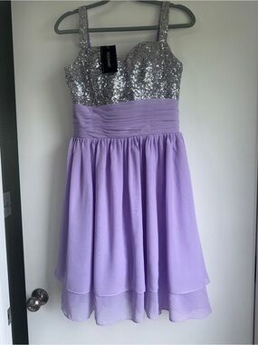 Sparkling Silver Sequin Bodice Lavender Chiffon Formal Dress